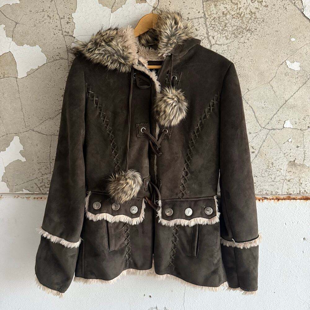 Esprit Dark Brown Faux Shearling Trim Hooded Jacket